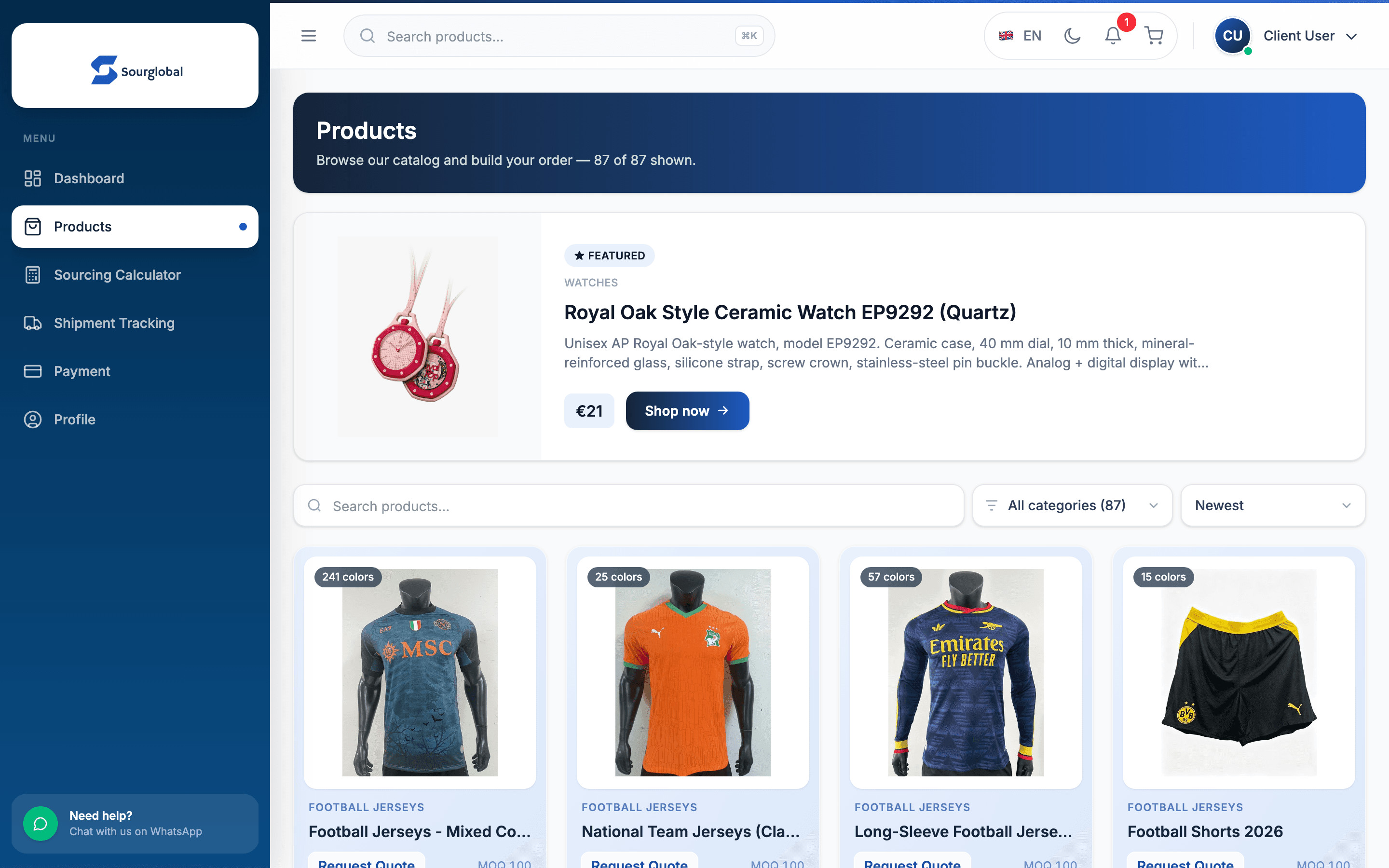 SourGlobal dashboard products catalog