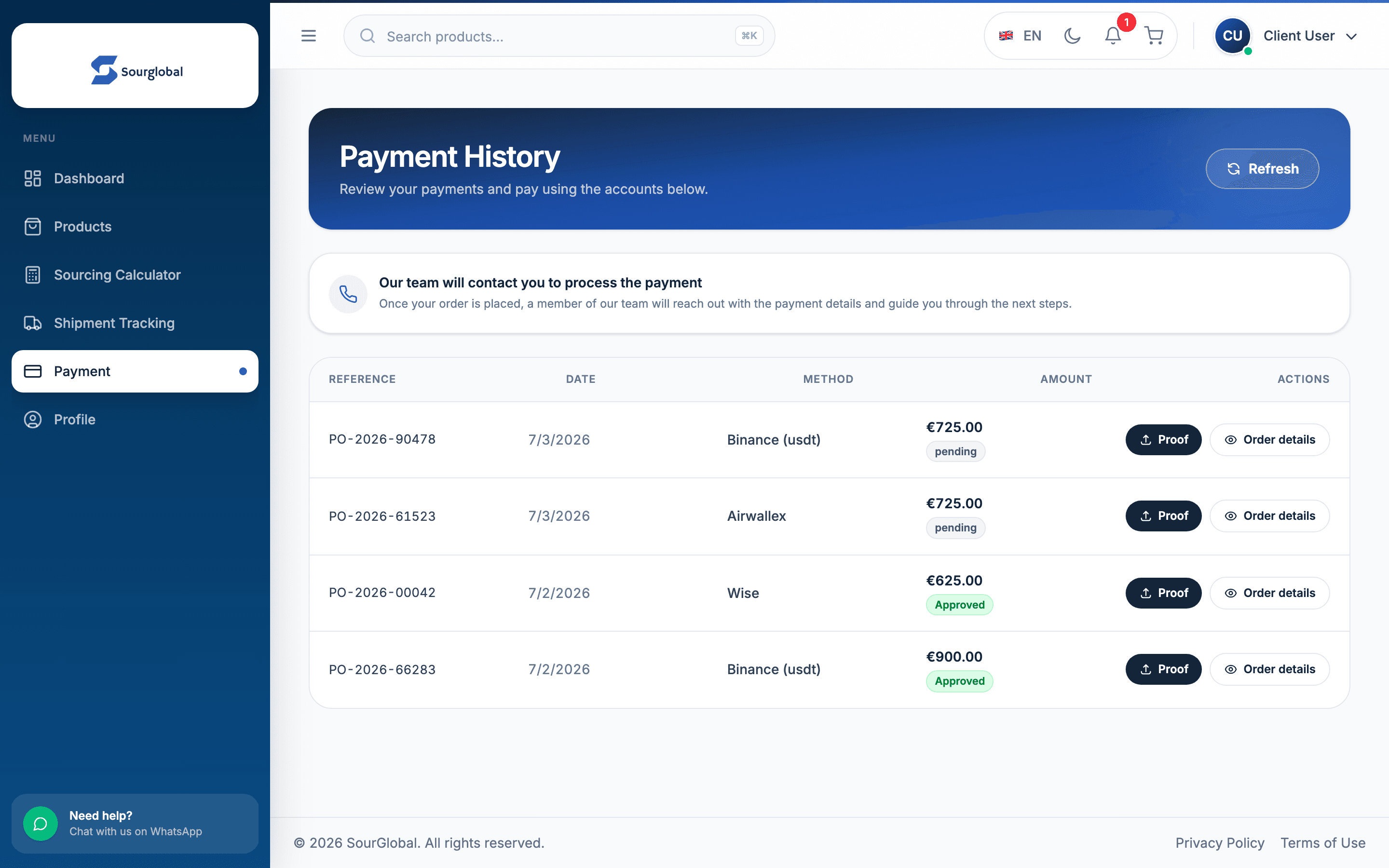 SourGlobal dashboard payment history