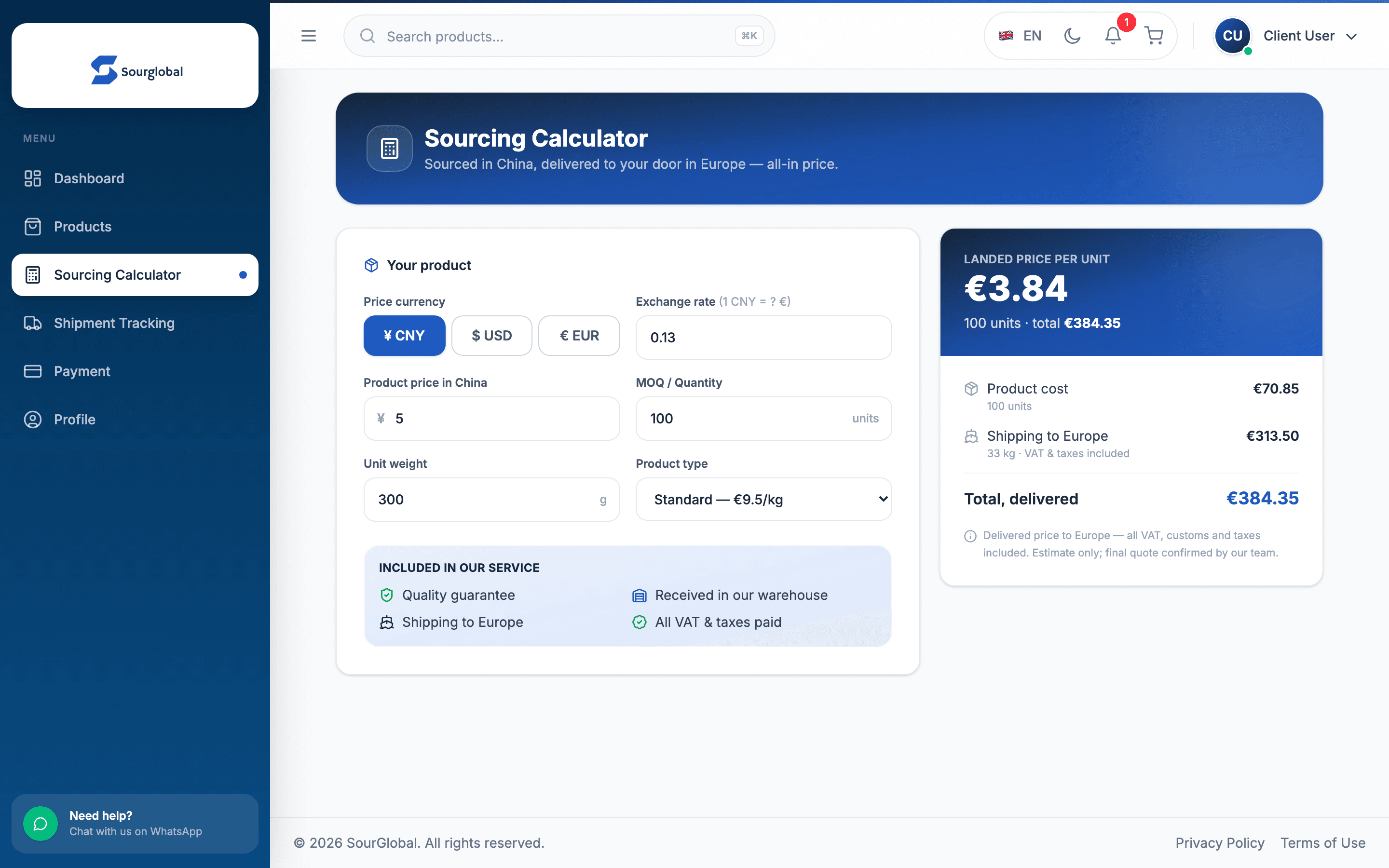 SourGlobal sourcing calculator landed price